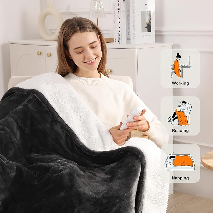 Electric Blanket Twin Heated Blanket 62''X84'' - Heating Blanket Soft Plush Sherpa with 5 Heating Level & 10 Hour Auto Off, ETL Certified & Overheat Protection, Warm Gifts for Grandma(Charcoal Grey)