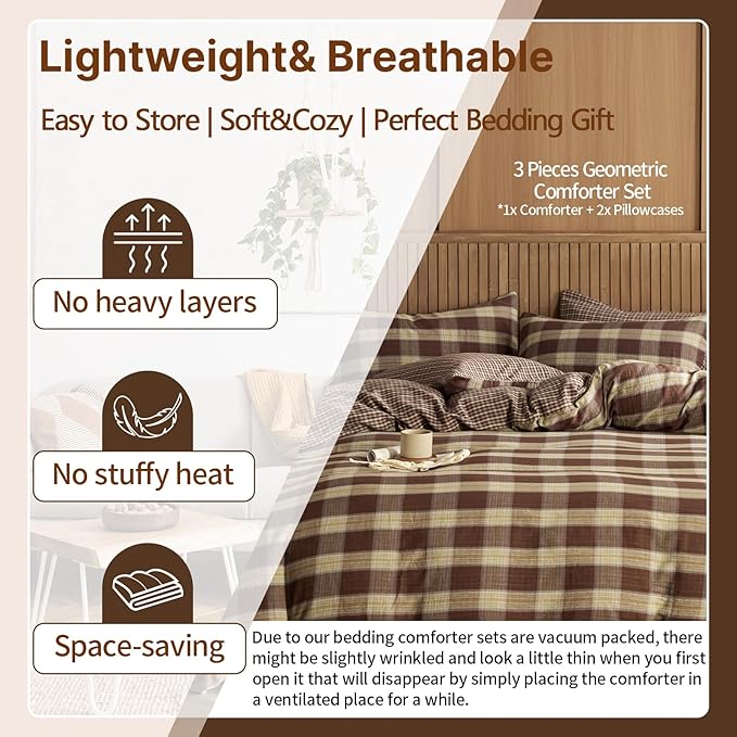 EAVD Vintage Coffee Gingham Comforter Set Full Soft 100% Muslin Cotton Chic Shabby Yellow Green Grid Checkered Pattern Bedding Set with 2 Pillowcases Reversible Farmhouse Plaid Comforter Set