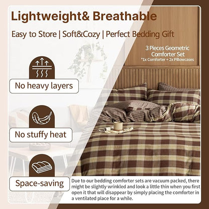 EAVD Vintage Coffee Gingham Comforter Set Full Soft 100% Muslin Cotton Chic Shabby Yellow Green Grid Checkered Pattern Bedding Set with 2 Pillowcases Reversible Farmhouse Plaid Comforter Set