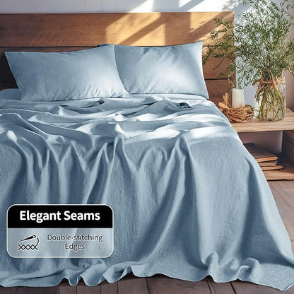 LBRO2M 100% Pure Linen Sheet Set Deep Pocket Up to 16" Bed Sheets Sets, Natural Flax Beddings Soft, Breathable, Comfortable for All Seasons 4 Pcs Sheet Set Full Size, Dusty Blue