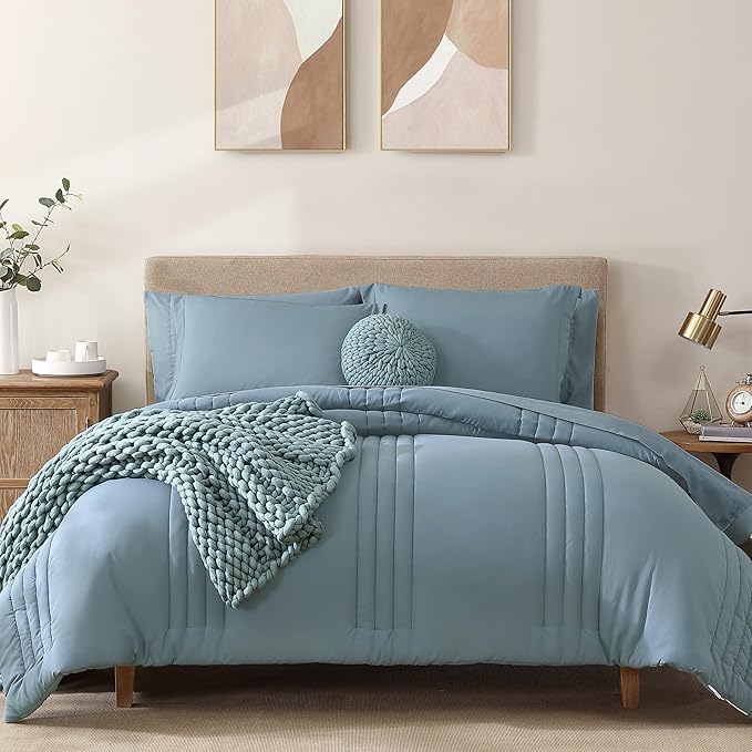 Monbix Full Comforter Set - 7 Pieces Dusty Blue Bed in a Bag Full Size Bedding Sets with Comforters, All Seasons Comforter with Sheets, Pillowcases & Shams