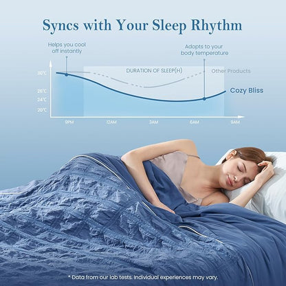 Cozy Bliss Cooling Comforter Seersucker Plaid Twin Size, Q-Max 0.45 Lightweight Cooling Blanket, Breathable Silk Smooth Summer Bedding Quilt for Hot Sleepers Night Sweats Denim Blue