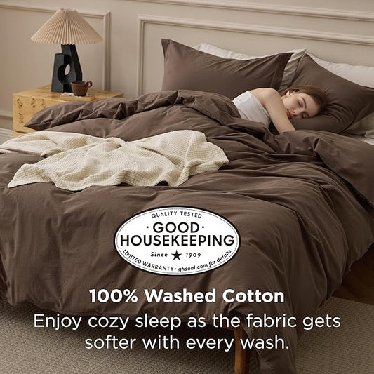 Bedsure 100% Washed Cotton Duvet Cover King Size - Brown Minimalist Bedding Set Linen Like - PureWoven Plain Simple & Soft Comforter Cover for All Seasons (Brown, King, 104"x90")