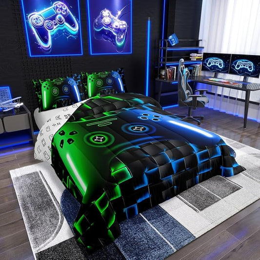 Erosebridal Gaming Comforter Sets for Boys,King Size Bedding Sets for Boys Girls Kids 3D Gamer Geometric Comforter,Game Console Lightweight Microfiber Duvet Quilt,Neon Green Blue Black Glowing