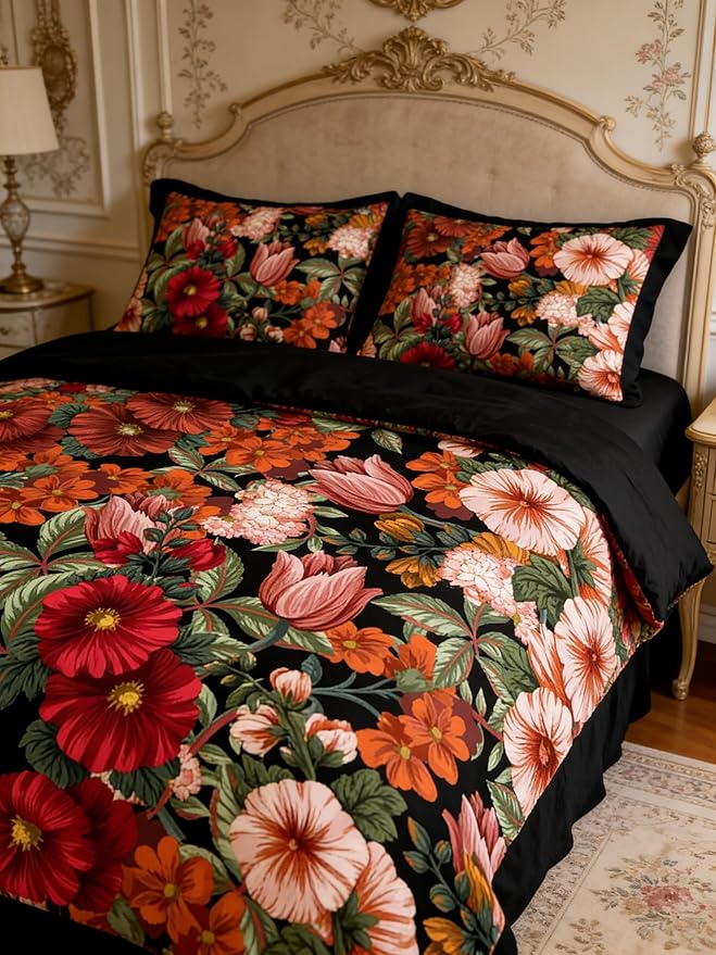 Black Floral Comforter Set King Size, 3 Pcs Vintage Floral Bedding Set for Women, American Retro Microfiber Lightweight Comforter with 2 Pillowcases/104 x90, Black Red
