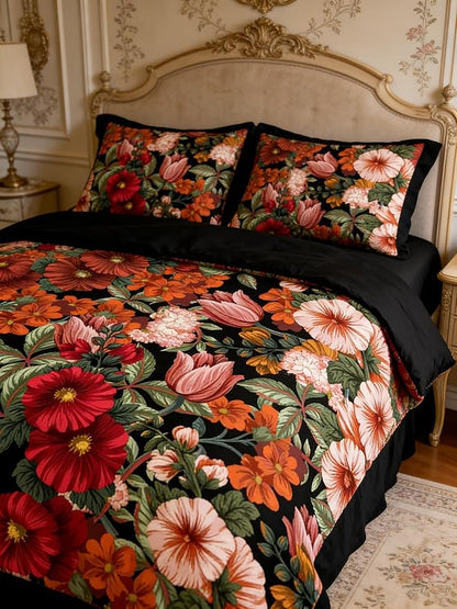 Black Floral Comforter Set King Size, 3 Pcs Vintage Floral Bedding Set for Women, American Retro Microfiber Lightweight Comforter with 2 Pillowcases/104 x90, Black Red
