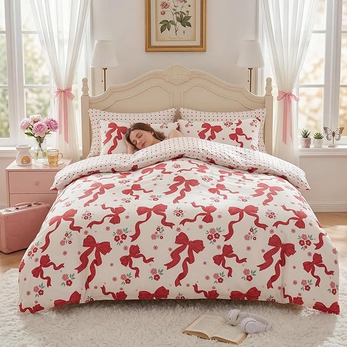 Red Bow Comforter Set Queen for Girls, 3Pcs Ribbon Bowknot Bedding for Kids Kawaii Bedroom Decor, Dreamy Priness Girly Puple Stripe Bows Comforter Set with 2 Pillowcases, 90"x90"