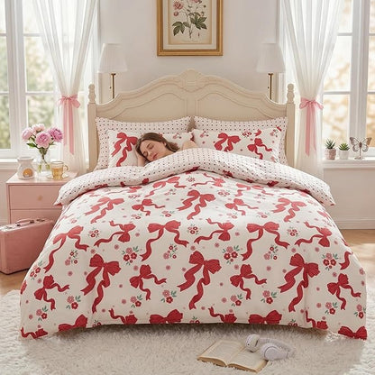 Red Bow Comforter Set Queen for Girls, 3Pcs Ribbon Bowknot Bedding for Kids Kawaii Bedroom Decor, Dreamy Priness Girly Puple Stripe Bows Comforter Set with 2 Pillowcases, 90"x90"