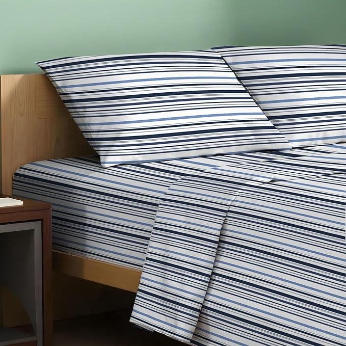 TEXAS LINEN CO. 100% Organic Cotton Printed Sheets Twin XL Size - 3 PC Organic Cotton Percale Sheets Twin XL (Variegated Stripe), Cooling Sheet for Dorm Room, 16" Deep Pocket - GOTS Certified
