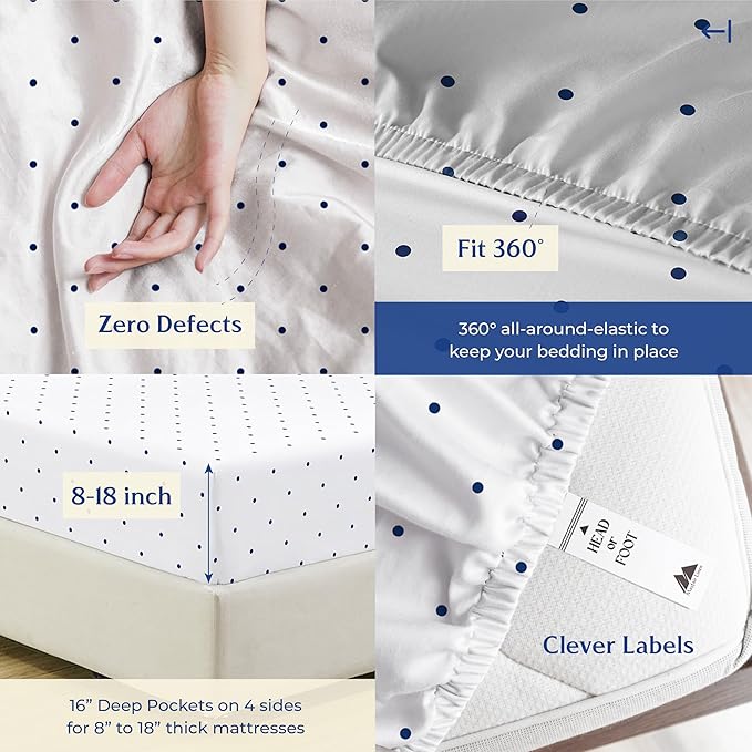 Mayfair Linen 100% Organic Cotton Printed Sheets Twin XL Size - Percale Weave Cotton Twin XL Size Sheet Set (4 PC, Navy Polka Dot), Soft & Crisp, GOTS Certified, Cooling Sheets, 16" Deep Pocket