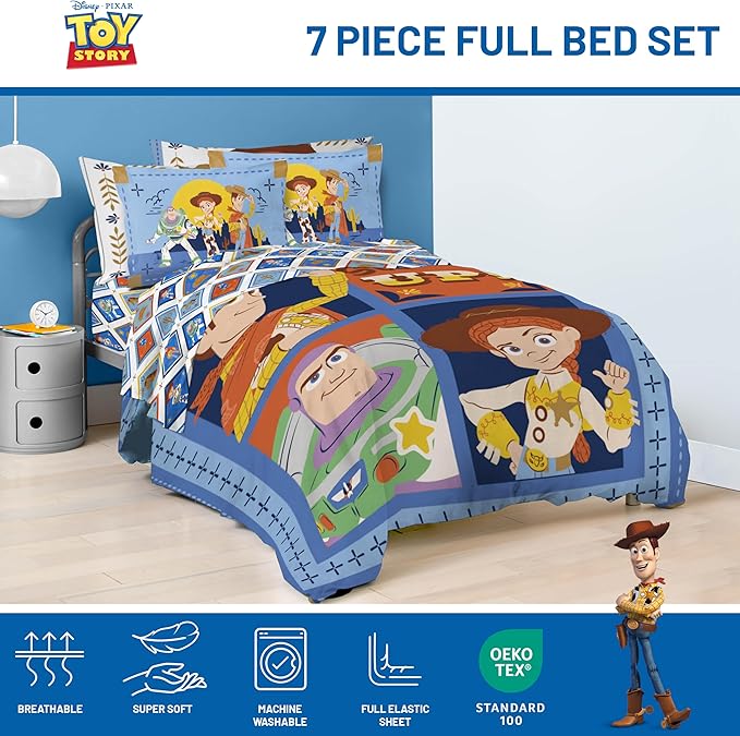Jay Franco Kids Comforter Set Includes Sheets and Pillow Covers - Soft and Cozy Bed Set for Stylish Room Decor, Official Licensed Bedding, Blue - Toy Story, 7 Piece Full