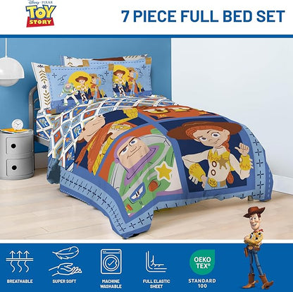 Jay Franco Kids Comforter Set Includes Sheets and Pillow Covers - Soft and Cozy Bed Set for Stylish Room Decor, Official Licensed Bedding, Blue - Toy Story, 7 Piece Full