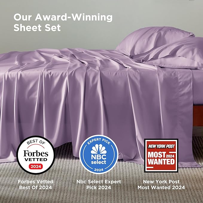 Bedsure Queen Sheet Set, Rayon Derived from Bamboo, Cooling Sheets, PureWoven, Breathable & Soft, Deep Pocket Up to 16 Inches, Hotel Luxury Silky Bedding for Hot Sleepers, Lilac