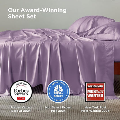 Bedsure Queen Sheet Set, Rayon Derived from Bamboo, Cooling Sheets, PureWoven, Breathable & Soft, Deep Pocket Up to 16 Inches, Hotel Luxury Silky Bedding for Hot Sleepers, Lilac