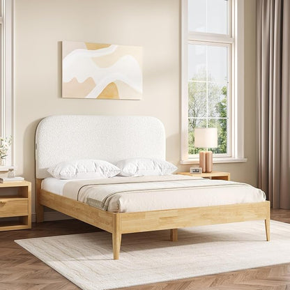 KISLOT Wood Bed Frame with USB & Type-C, Boucle Headboard, Cream, Queen | Platform Bed, Mattress Foundation, No Box Spring Needed, Easy Assembly
