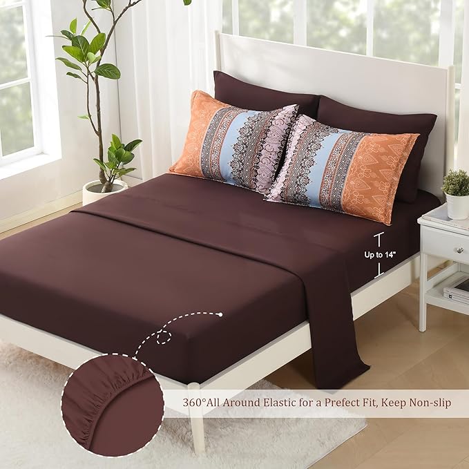 Boho Comforter Set Queen - 7 Pieces Bed in a Bag, Bohemian Striped Comforter Set with Sheets, Soft Microfiber Brown Floral Bedding Set for All Season (Brown, Queen)