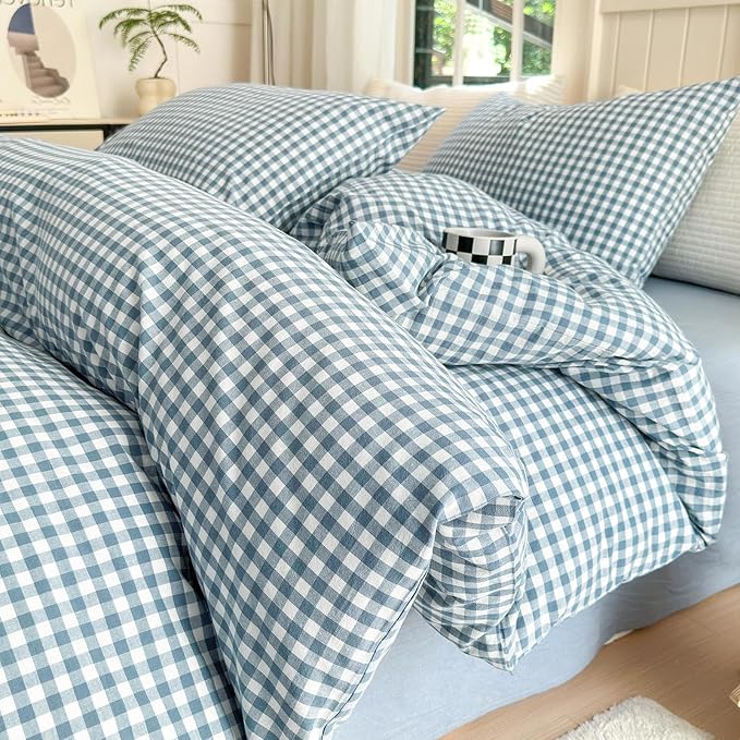 LifeTB Blue Gingham Duvet Cover Twin XL 3 Pieces Blue Grid Comforter Cover 100% Washed Cotton Plaid Duvet Cover with Zipper Closure Luxury Soft Gingham Plaid Bedding Cover with 2 Pillowcases