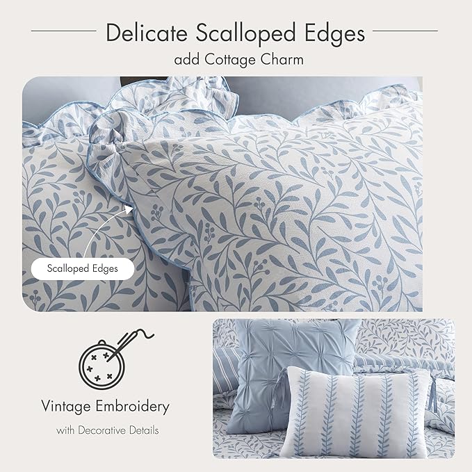 Madison Park 5-Piece Reversible Botanical Comforter Set - Summer Floral Print with Scalloped Edges, Lightweight Bedding with Decorative Pillows, King, Blue | Reversible, Lightweight