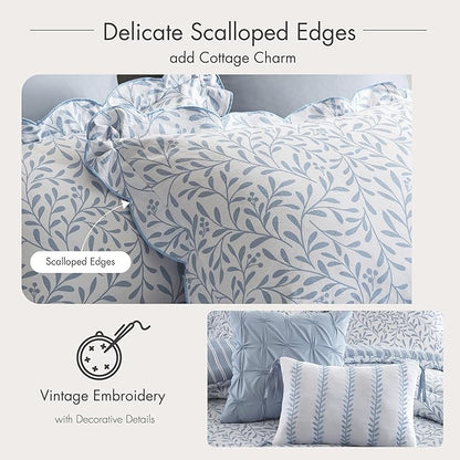Madison Park 5-Piece Reversible Botanical Comforter Set - Summer Floral Print with Scalloped Edges, Lightweight Bedding with Decorative Pillows, King, Blue | Reversible, Lightweight
