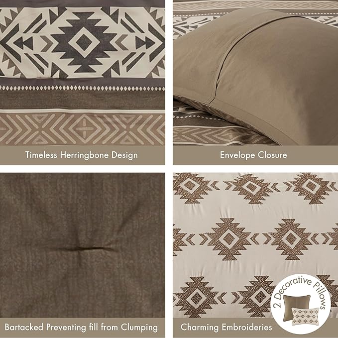 Madison Park Queen Comforter Set, Stripes Herringbone Southwestern Boho Comforters Queen Size, All Season Lightweight & Fluffy Microfiber Bed Set, 2 Décor Pillows, Mariposa, Full/Queen Brown 5 Piece
