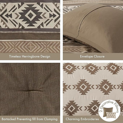 Madison Park Queen Comforter Set, Stripes Herringbone Southwestern Boho Comforters Queen Size, All Season Lightweight & Fluffy Microfiber Bed Set, 2 Décor Pillows, Mariposa, Full/Queen Brown 5 Piece