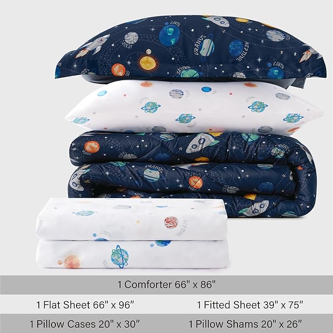 Twin Size Space Kids Bedding Set for Boys, 5 Pieces Super Soft Lightweight Microfiber Comforter Set with Sheets, Bed in a Bag, Children Bed Set