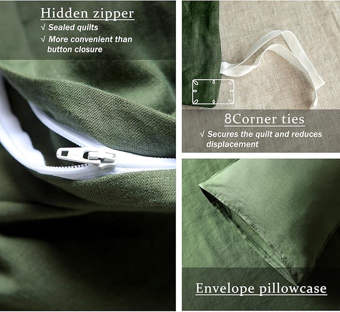 XZ XIFA Green Linen Duvet Cover Queen, 100% Washed French Flax Linen Bedding with Zipper Closure, Cooling for Hot Sleepers, Textured Bed Sets - 1 Duvet Cover and 2 Pillowcases