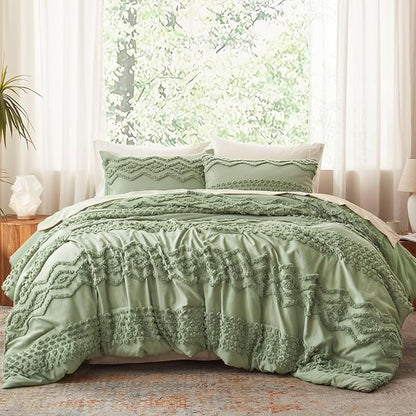 Luxudecor Sage Green Tufted Comforter Set Queen Size 3 Pieces Boho Shabby Chic Comforter Farmhouse Embroidery Bedding Set Soft Comforter for All Seasons (Sage Green, 90''x90'')