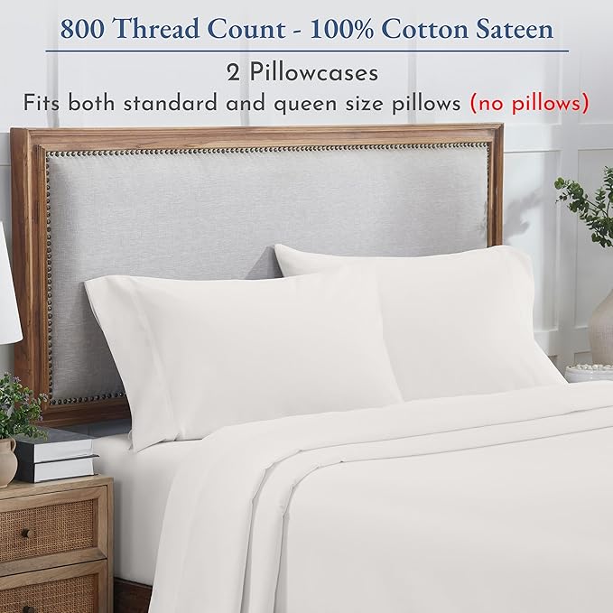 California Design Den Heirloom Soft, Smooth & Thick 800 Thread Count 100% Cotton Sateen, 2 Pillow Cases Standard Size Fits Standard & Queen Size Pillows - True Ivory