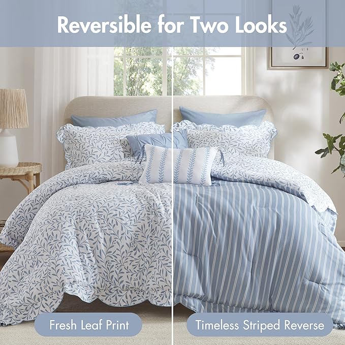 Madison Park 5-Piece Reversible Botanical Comforter Set - Summer Floral Print with Scalloped Edges, Lightweight Bedding with Decorative Pillows, King, Blue | Reversible, Lightweight