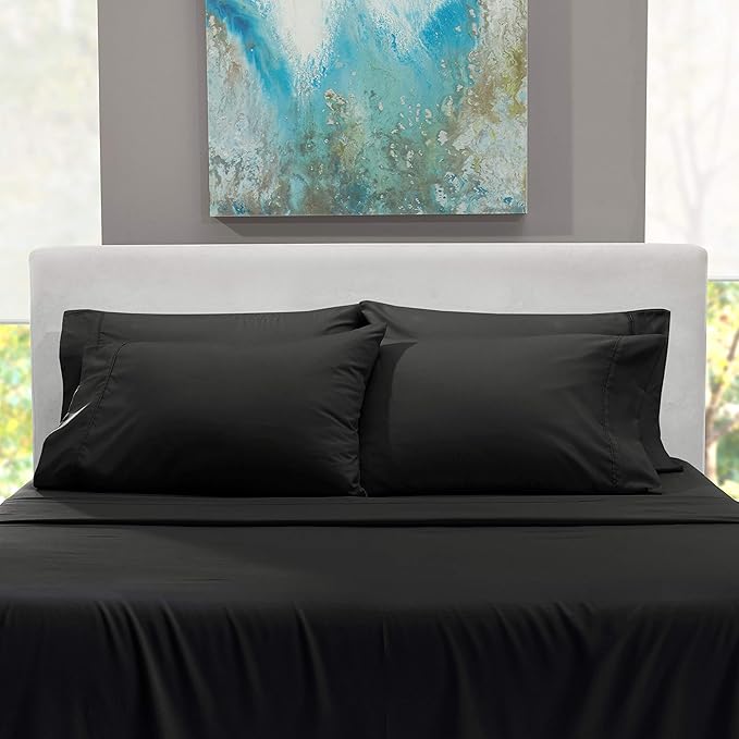 Hearth & Harbor Extra Deep Pocket Queen Sheets Sets - Fits Mattress 18-24 Inches Deep - Extra Deep Pocket Sheets - 6 Piece Queen Size - Black