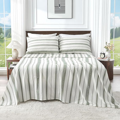 100% Linen Sheets King Size,Breathable & Durable 4-Piece Bed Flax Stripes Sheet Set,Soft All-Season Bedding for Hot Sleepers 16" Deep Pocket Oeko-TEX Certified,（King, Green Stripes）