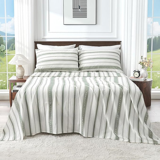 100% Linen Sheets Queen Size,Breathable & Durable 4-Piece Bed Flax Stripes Sheet Set,Soft All-Season Bedding for Hot Sleepers 16" Deep Pocket Oeko-TEX Certified,（Queen, Green Stripes）