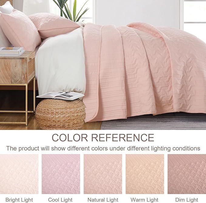 Yiran Blush Pink Quilt Set Queen Size, 3 Piece Reversible Bedspreads Bedding Set, Fall Wave Striped Pattern Coverlet for All Season with 2 Pillow Shams (Full/Queen, 96x90 Inch)