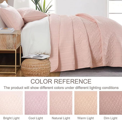 Yiran Blush Pink Quilt Set King Size, 3 Piece Reversible Bedspreads Bedding Set, Fall Wave Striped Pattern Coverlet for All Season with 2 Pillow Shams (King, 106x96 Inch)