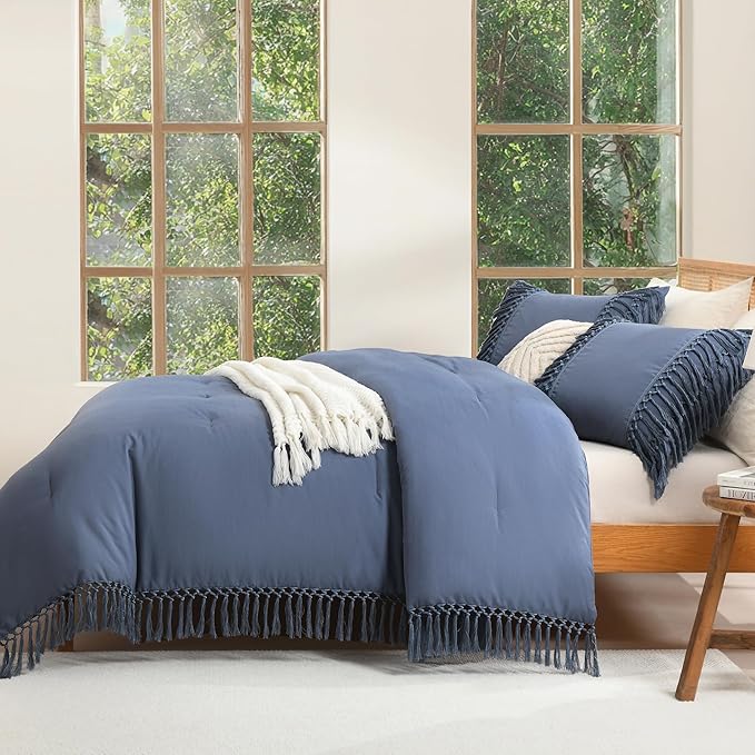 Andency Queen Comforter Set Bluish Grey, 3 Pieces Boho Lightweight Fall Bedding Comforter Sets, Tassel Bed Set (90x90In Comforter & 2 Pillowcases)
