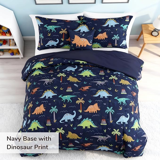 Kids Comforter Set Full Size for Boys, Navy Dinosaur Bedding Set 1 Comforter, 1 Decor Pillow, 2 Pillow Shams