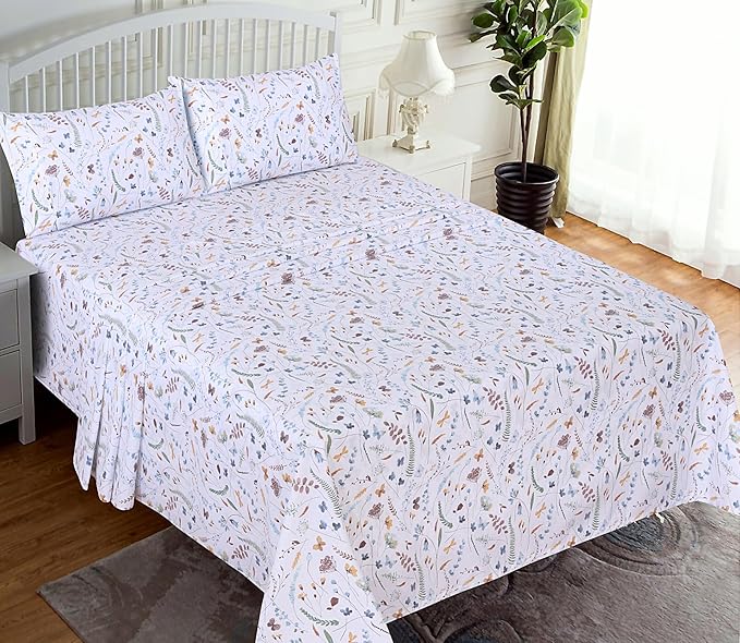 RUVANTI 100% Cotton Sheets – King Size Percale Bedding, Cooling & Breathable Floral Design, Durable with a Crisp, Soft & Comfortable Feel, 16" Deep Pocket, 4-Piece Set, Fern Class