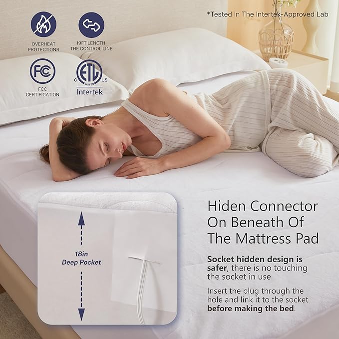 Electric Mattress Pad Twin Size Quilted Wave 10 Heat Settings with 12 Hour Auto Off, Deep Pocket Fits up to 18", Coral Fleece Bed Warmer, ETL Certified Machine Washable, 39"x75"
