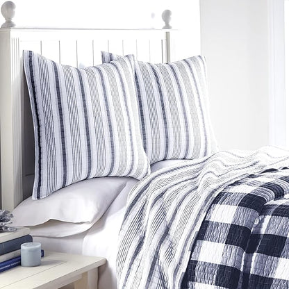 Levtex Home - Camden - Euro Shams (Set of 2) - Quilt Back Stripe - Subtle Famhouse Stripe - Navy and Cream - (26x26in.), No Insert