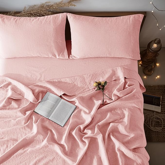 LBRO2M 100% Pure Linen Sheet Set Deep Pocket Up to 16" Bed Sheets Sets, Natural Flax Beddings Soft, Breathable, Comfortable for All Seasons 4 Pcs Sheet Set King Size, Blush Pink