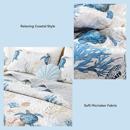 weigelia Coastal Quilt Set King Size - Sea Turtle Ocean Print Lightweight Soft Microfiber Summer Comforter with 2 Pillow Cases - Beach Bedding Coverlet Decor for All Seasons, Bedroom & Guest Room