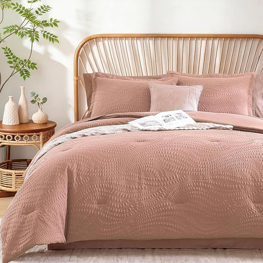 Geniospin King Size Comforter Set - 7 Pieces Dusty Pink Bedding Set, Botanical Textured Comforter Bed Set, All Season Lightweight Bed in a Bag with Comforter, Sheets, Pillowcases & Shams