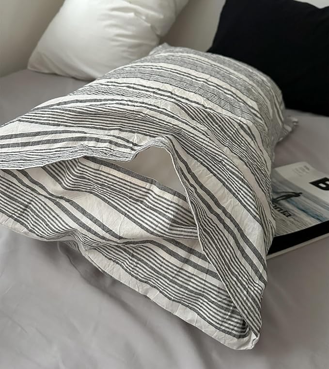 VM VOUGEMARKET Striped Duvet Cover Set Queen 100% Washed Cotton Bedding Set 3 Piece Pinstriped Comforter/Quilt Cover with Zipper Closure Corner Ties,Modern Cozy for Boys Men(White&Grey)