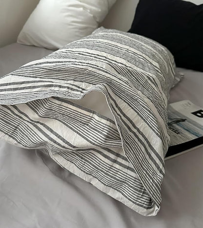 VM VOUGEMARKET Striped Duvet Cover Set Queen 100% Washed Cotton Bedding Set 3 Piece Pinstriped Comforter/Quilt Cover with Zipper Closure Corner Ties,Modern Cozy for Boys Men(White&Grey)