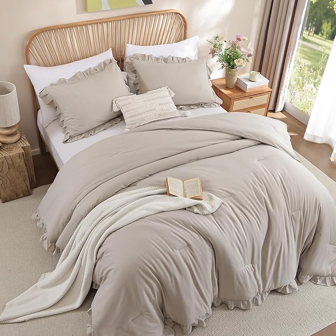 JANZAA Queen Comforter Set Oatmeal Comforter for Queen Size Bed 3PCS (1 Ruffle Comforter and 2 Pillowcases) Vintage Shabby Chic Bedding Soft Fluffy Comforter Set All Season