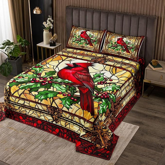 Manfei Christmas Cardinal Kids Bedspread Twin Size,Red Bird Poinsettia Flower Merry Christmas Coverlet Set,Boys Girls Room Decor,Glass Paint Geometric Quilted Coverlet,Xmas Bedding Quilt,1 Pillowcase