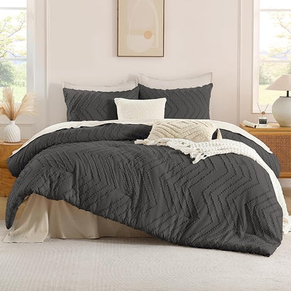 Andency Dark Grey Comforter Set King Size, Boho Soft Warm Tufted Bedding Comforter Sets for King Size Bed, 3 Pieces Aesthetic Chevron Farmhouse Cute Bohemian Textured Bedding Set