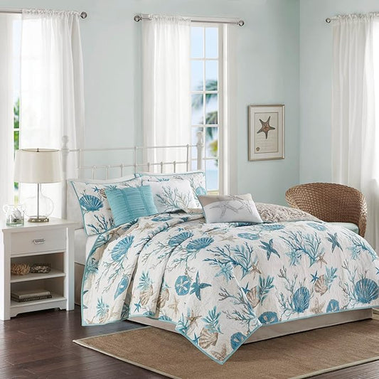 Madison Park Quilt Set Cottage Coastal Design, Starfish Print - All Season, Coverlet Bedspread Lightweight Bedding Layer, Shams, Toss Pillows, King/Cal King(104"x94"), Pebble Beach Aqua 6 Piece