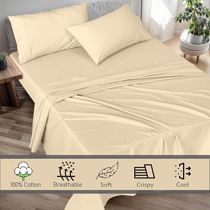 RUVANTI 100% Cotton Sheets – Twin Size Percale Bedding, Cooling & Breathable, Durable with a Crisp, Soft & Comfortable Feel, 16" Deep Pocket, 3-Piece Set, Beige
